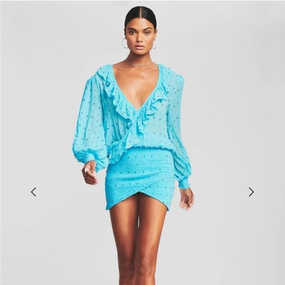 Retrofete Lennon Dress embellished smocked mini chiffon rhinestone acqua blue M - Picture 5 of 15